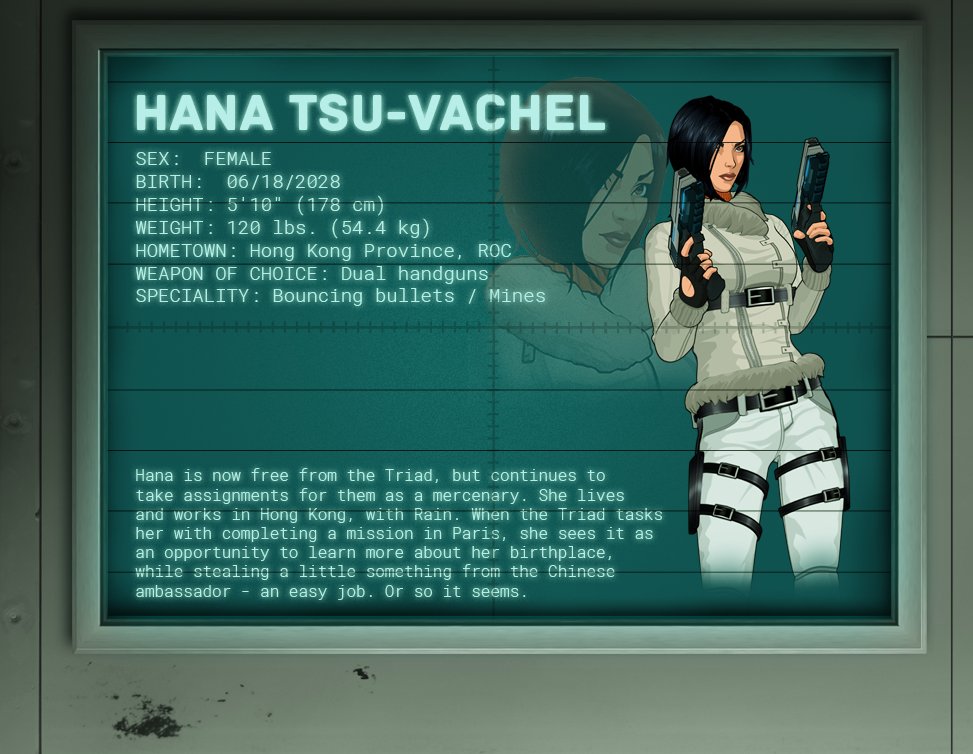 And here’s the latest character profile, which is for Hana Tsu-Vachel. 
